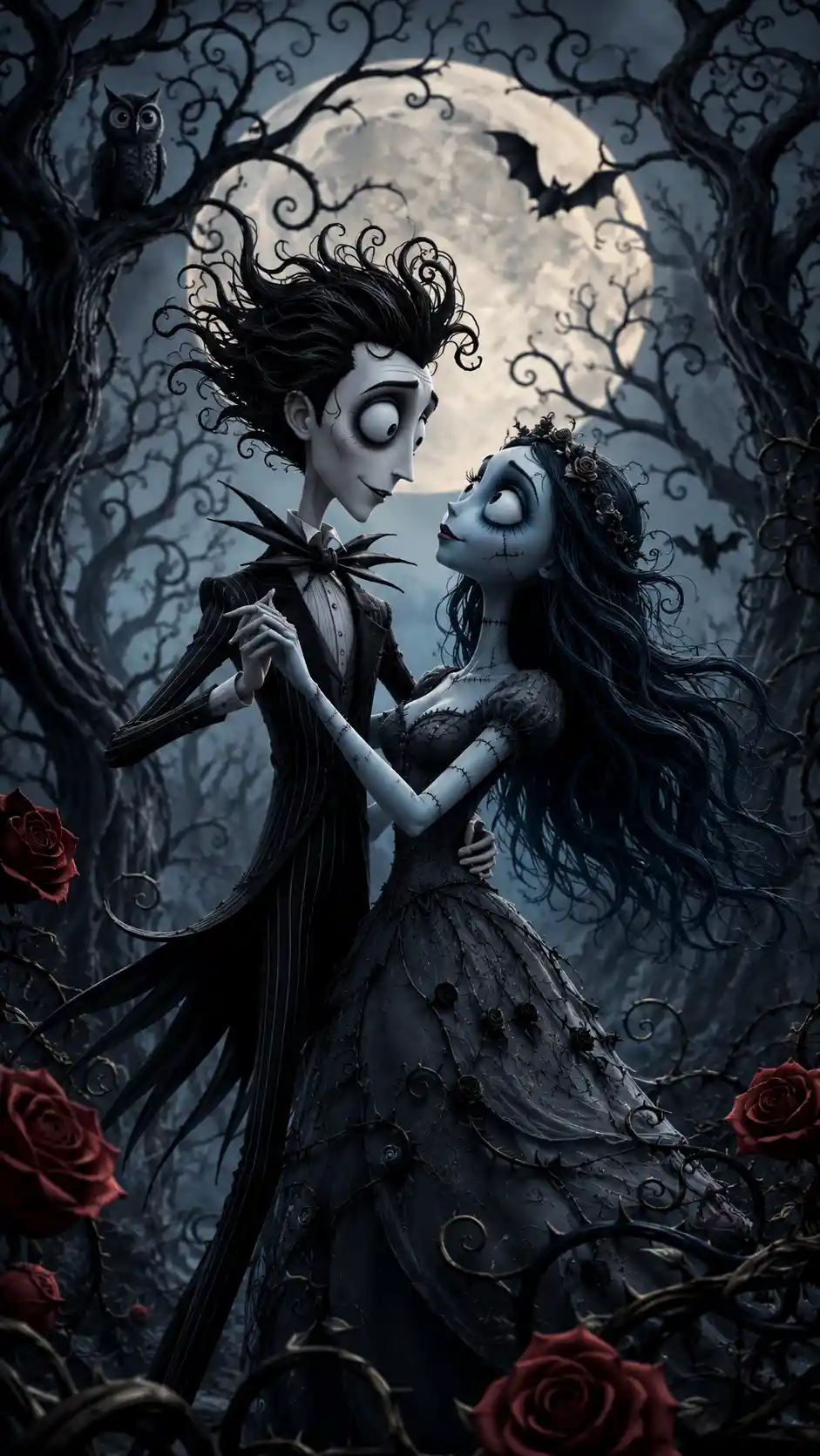 Gothic couple dancing in moonlit forest with owl and bats