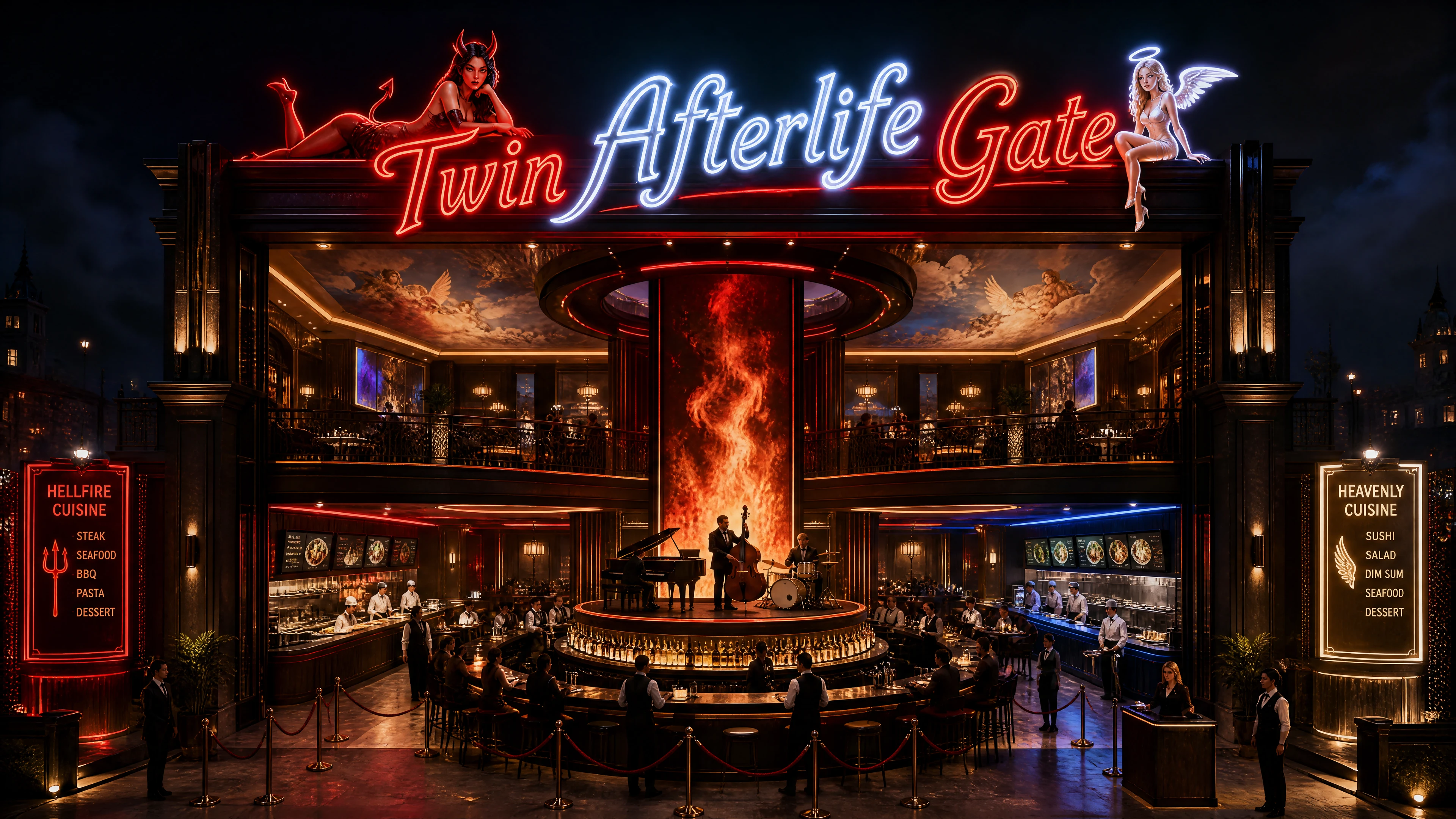 Luxurious twin afterlife gate bar with jazz stage