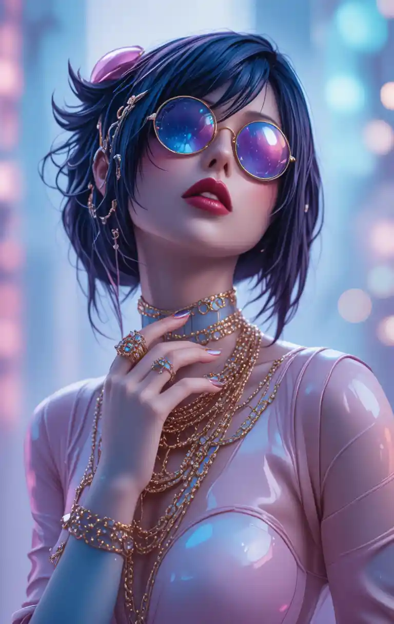 Futuristic fashion woman in pastel colors with gold jewelry