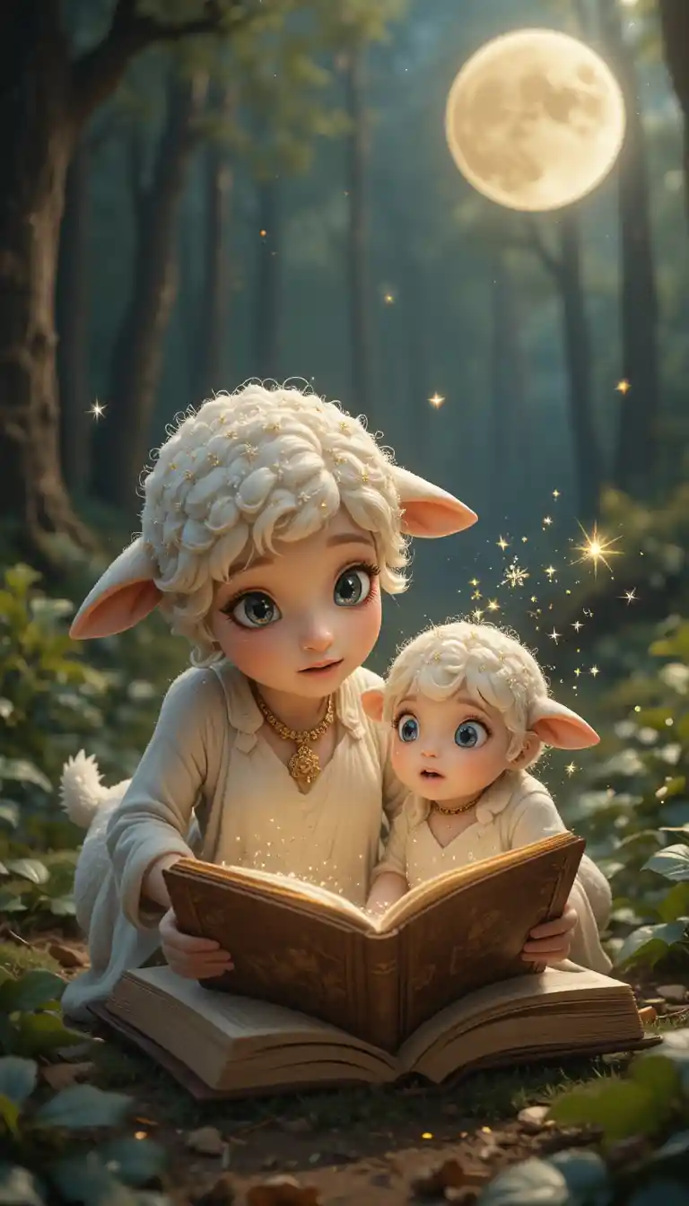 Sheep Reading A Glowing Bible Together In A Moonlit Forest