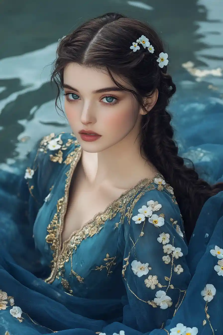 Ethereal Woman In Blue Gown By A Misty Ocean