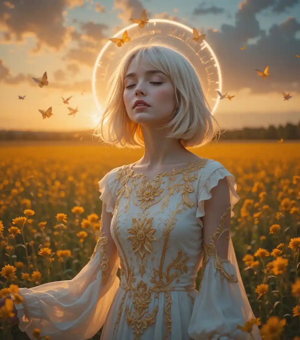 Serene girl in white dress among glowing golden flowers