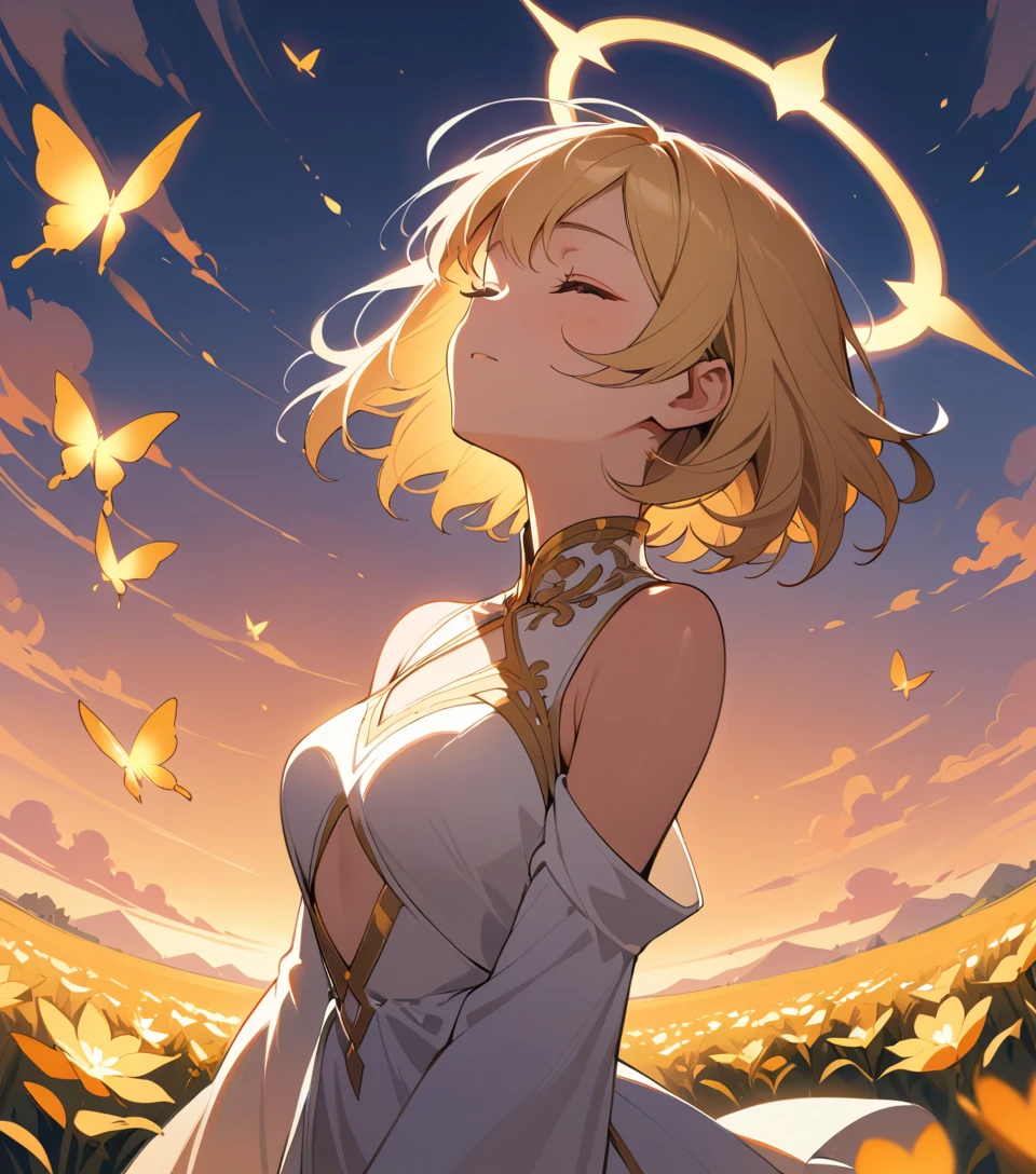 Blonde girl in white dress among golden sunset flowers