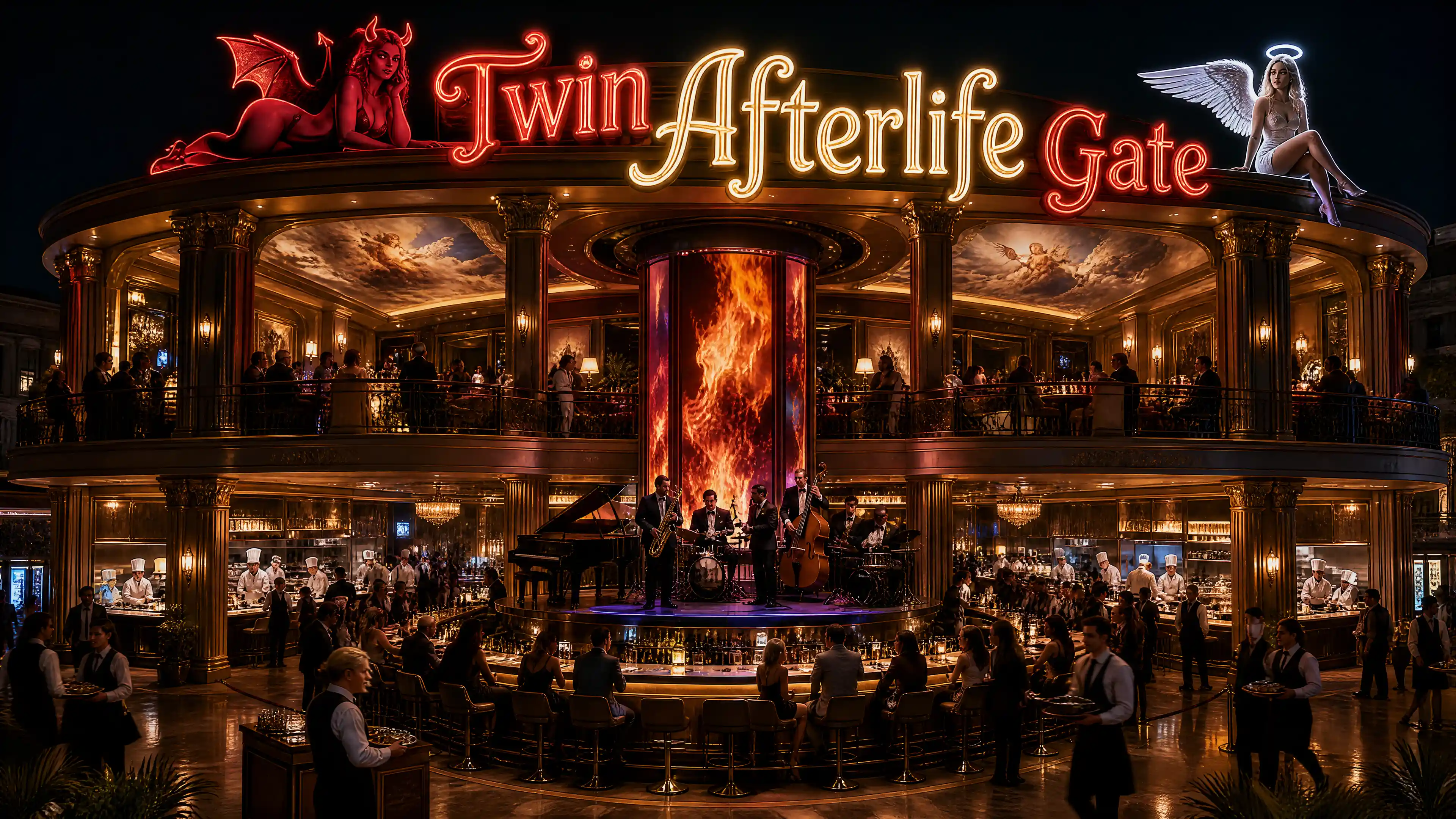 Luxurious twin level bar with jazz band and neon pillar