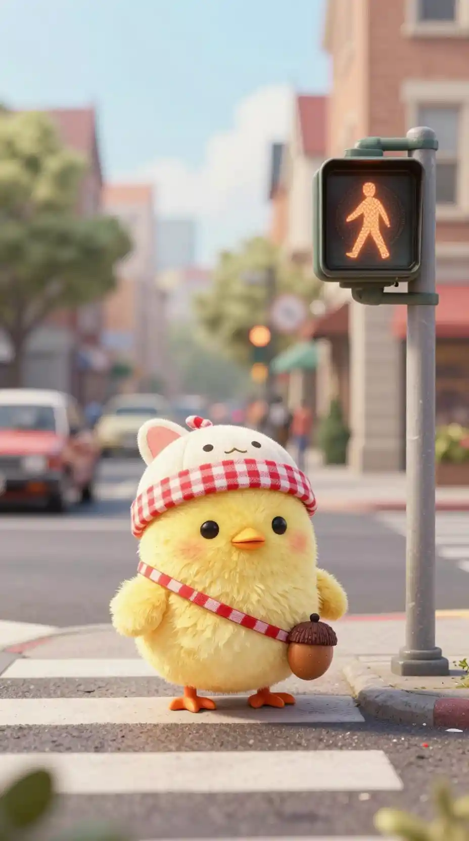 Chibi Yellow Chick Waiting At A City Crosswalk