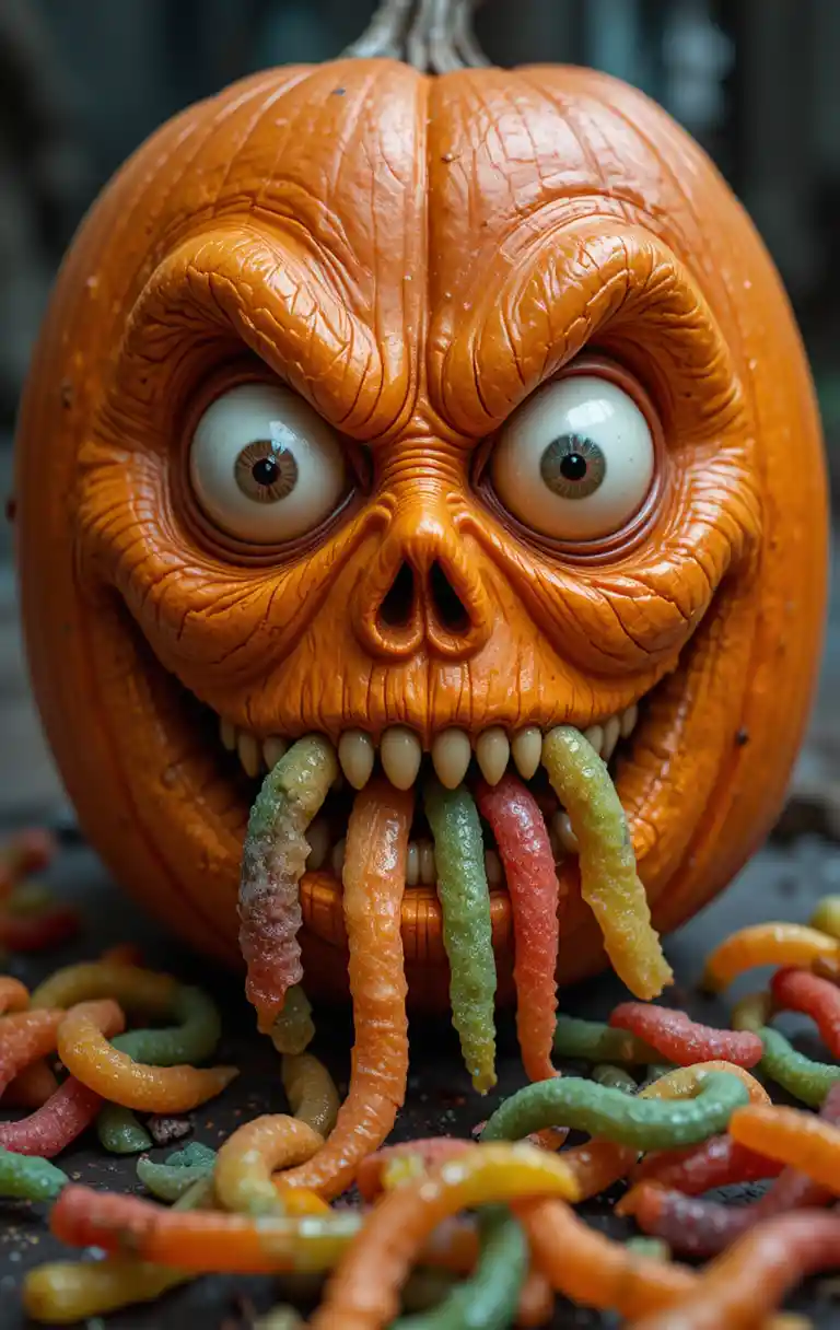 Googly eyed pumpkin making a sour Halloween candy face