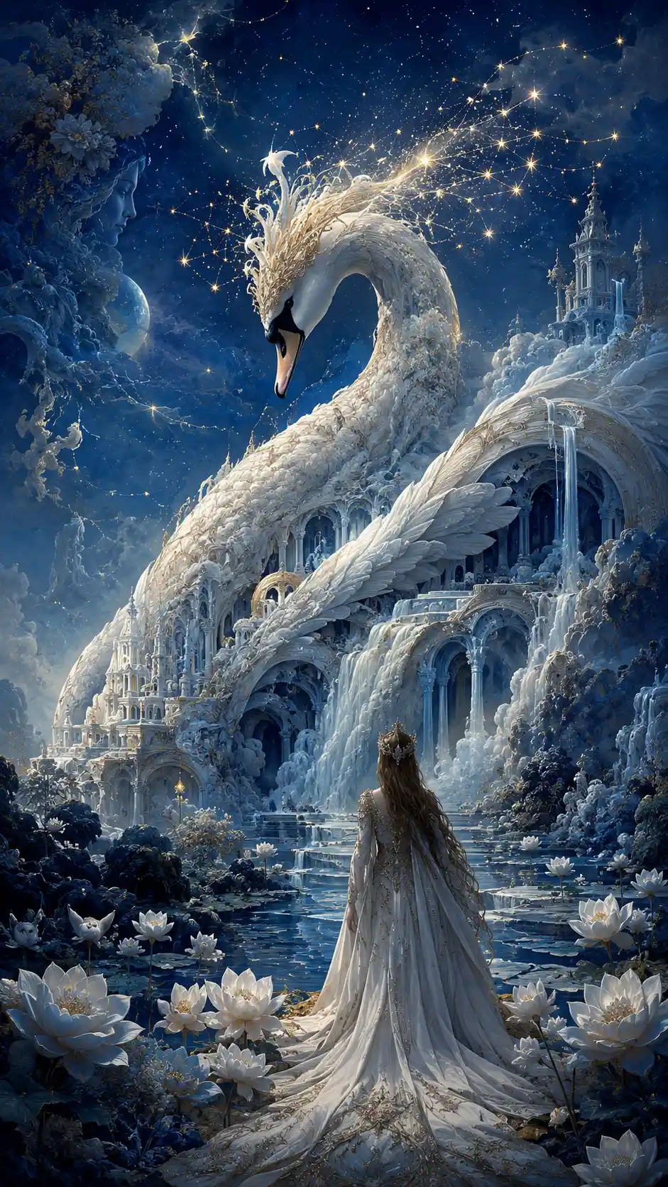 Forgotten princess transforming into a celestial swan of marble