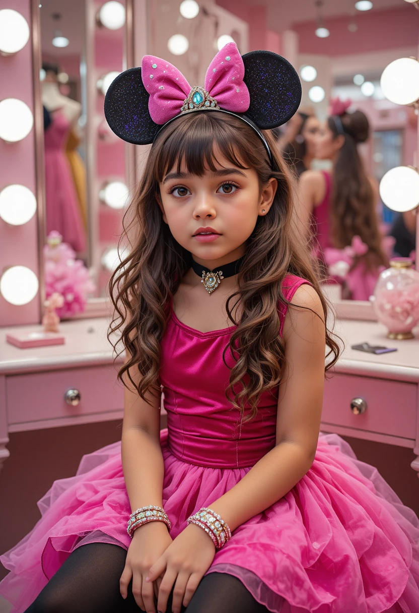 Nervous boy in pink minnie dress at boutique vanity