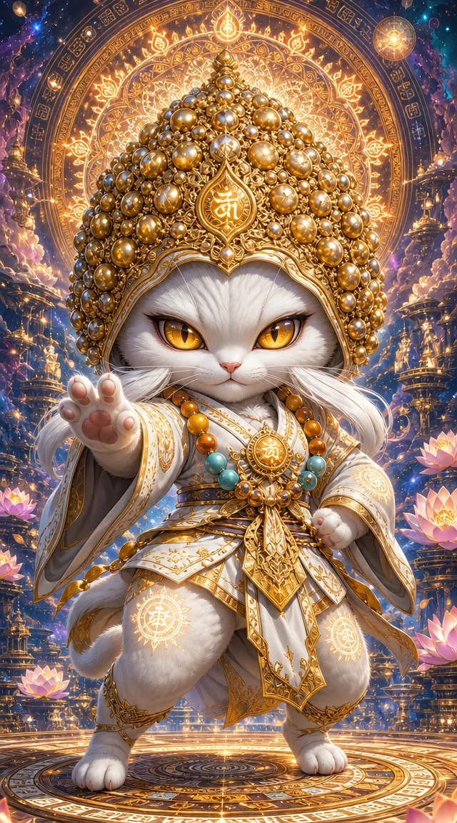 Chibi feline monk warrior in a cosmic temple stance