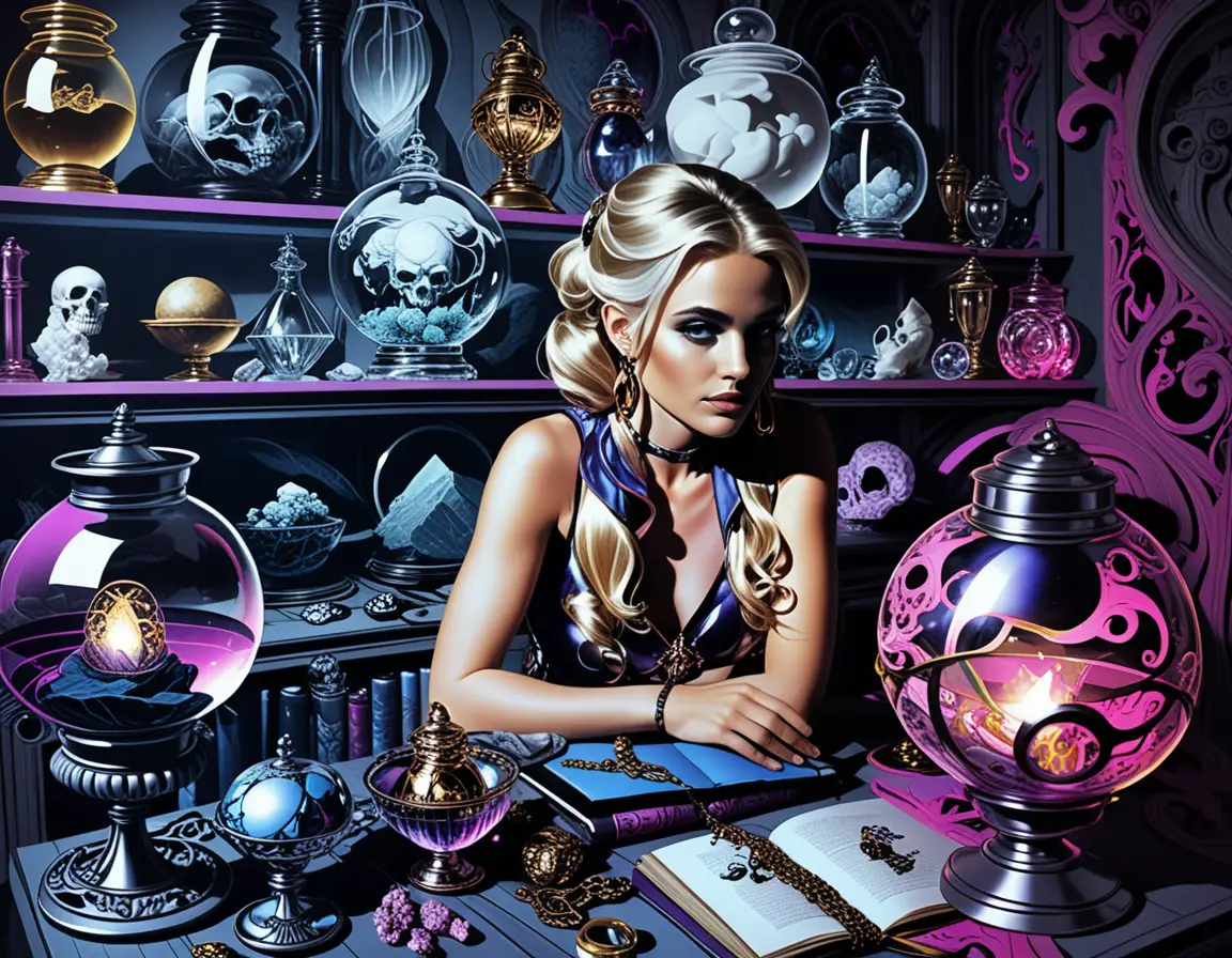 Cartoon crystals and potions in a fantasy apothecary shop