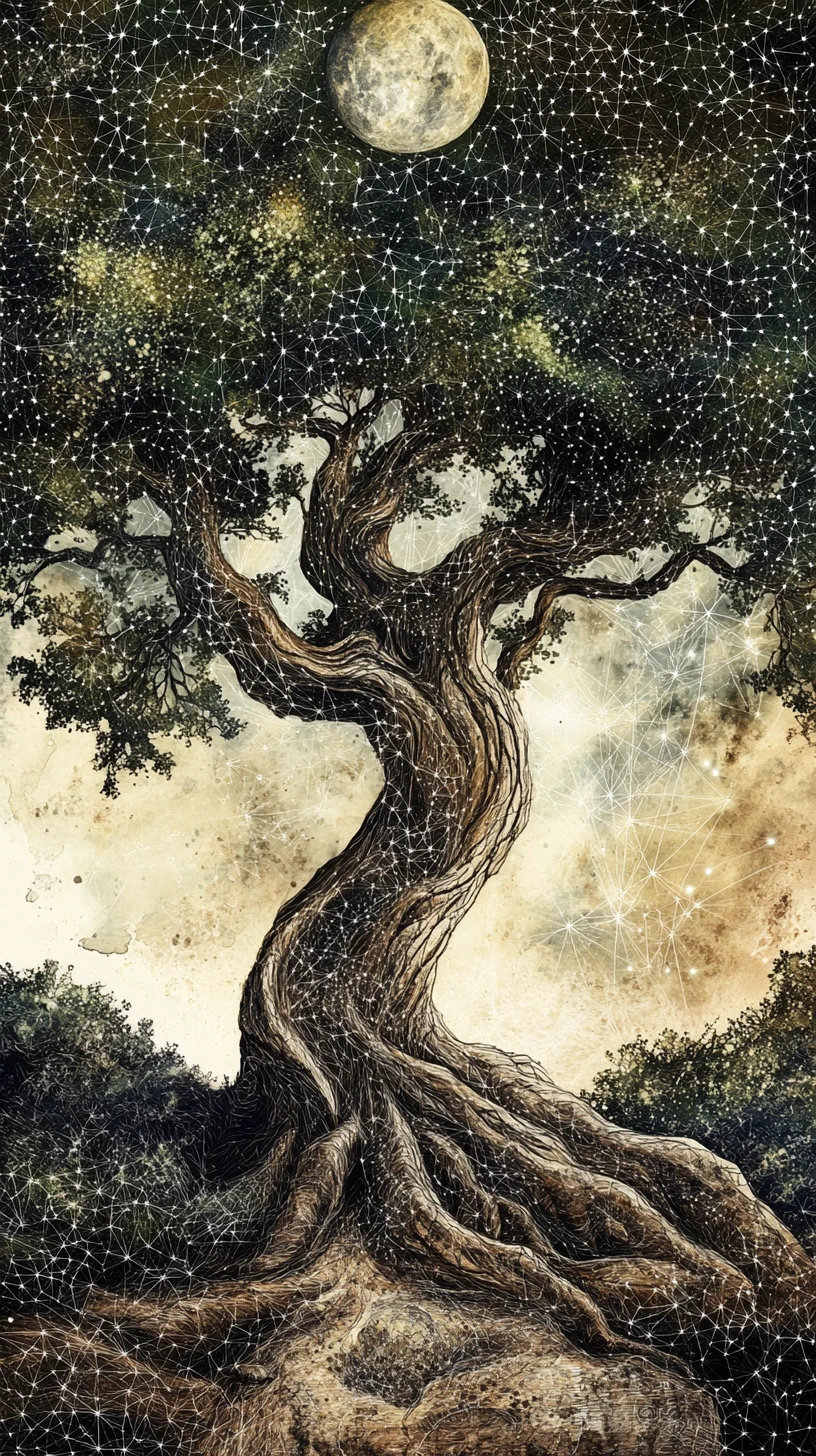 Surreal ink tree with mathematical branches and dissolving leaves