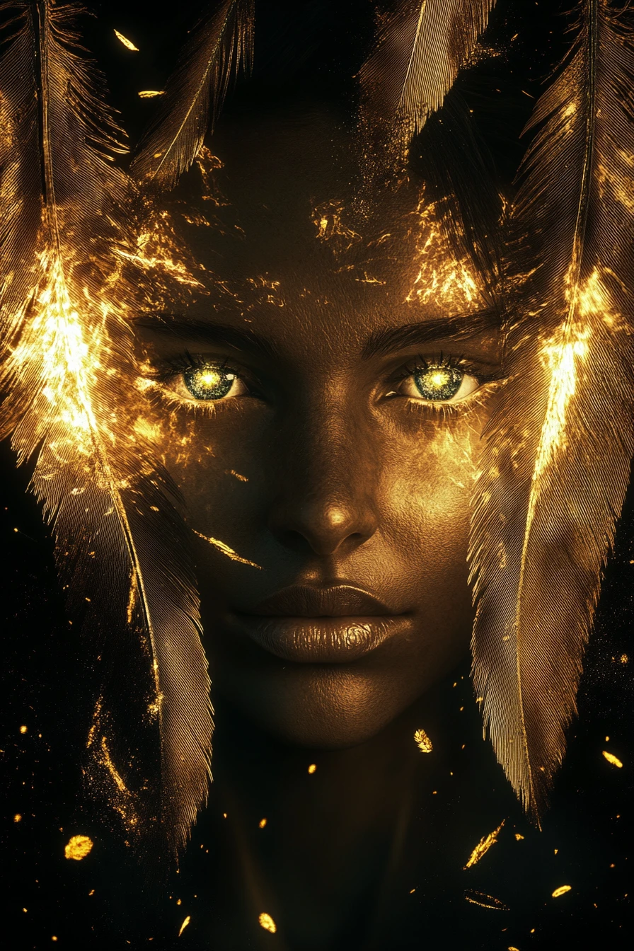 Golden feathered woman with glowing emerald eyes