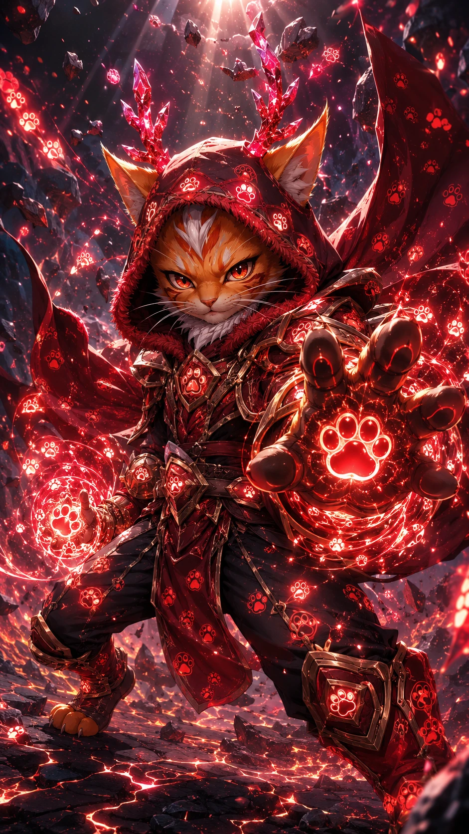 Chibi feline warrior mage casting explosive crimson magic