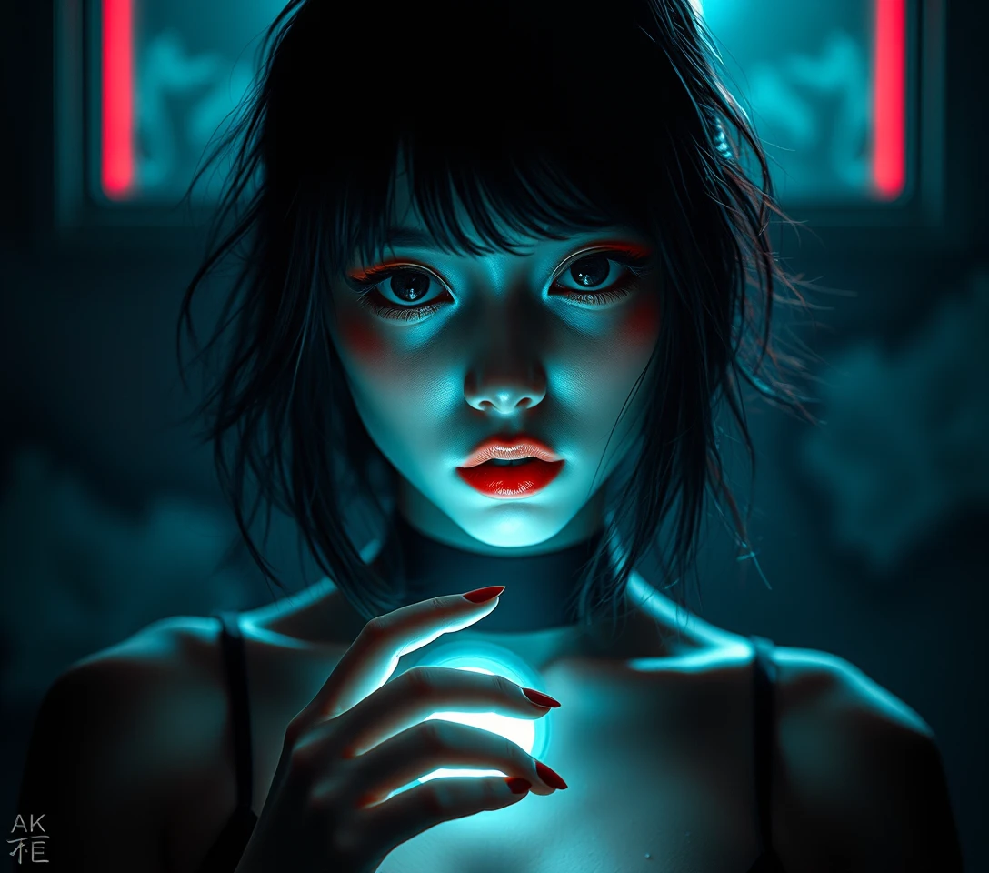 Surreal cinematic portrait of a woman in eerie spectral light
