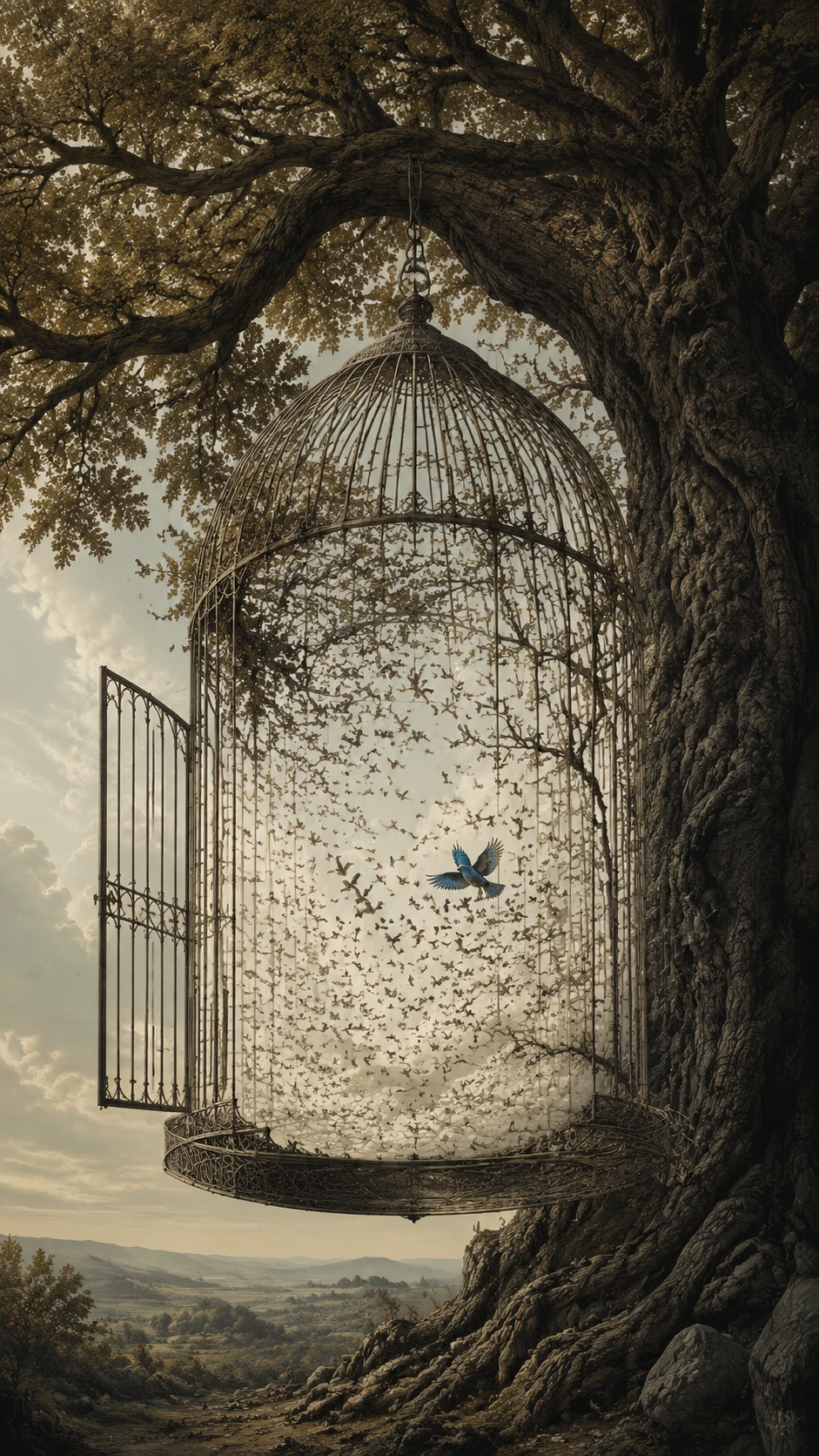 Surreal birdcage hanging beneath an ancient oak tree