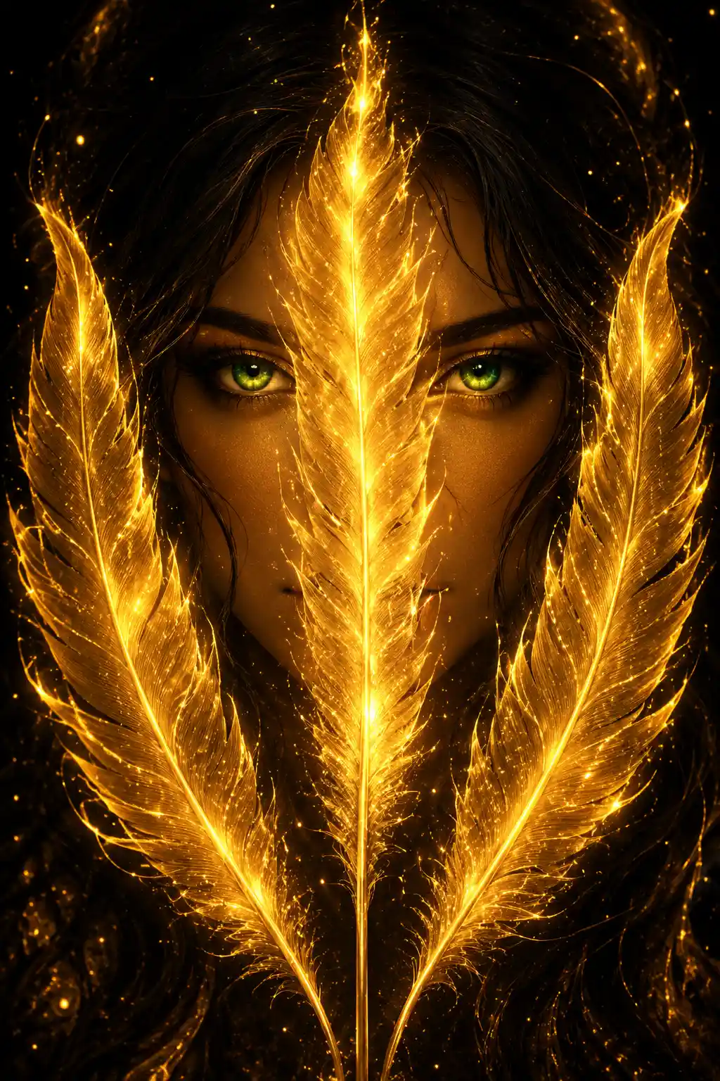 Golden feathered woman portrait glowing in dark void