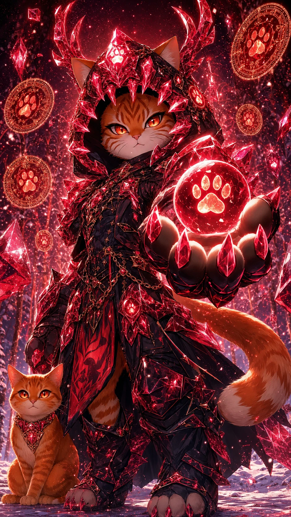 Chibi feline king warrior with glowing ruby magic