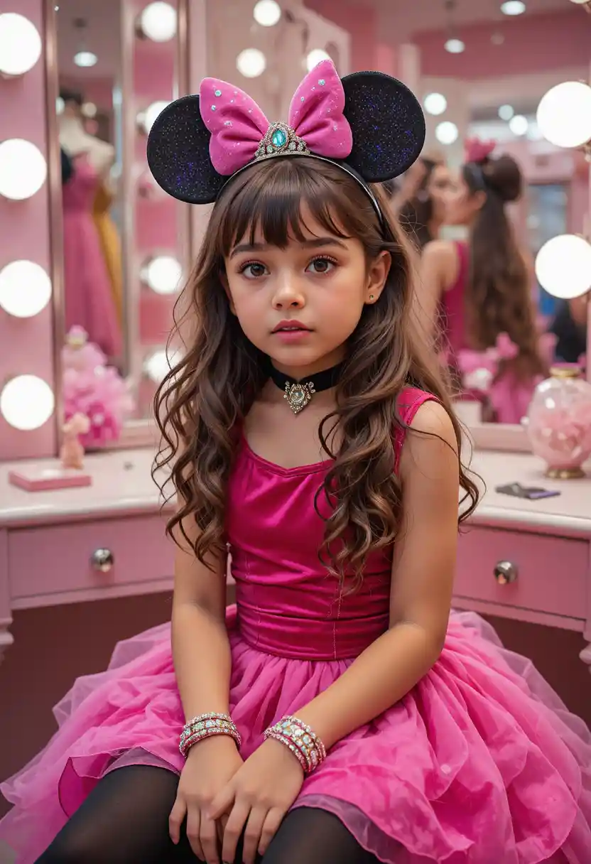Nervous boy in pink minnie dress at boutique vanity