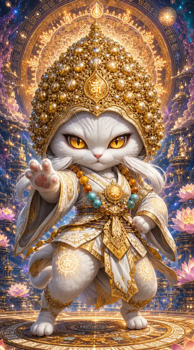 Chibi feline monk warrior in a cosmic temple stance