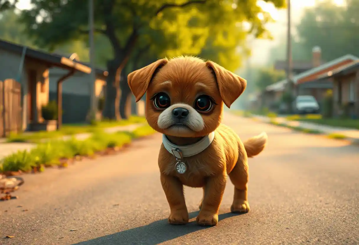 Small brown dog walking alone on a quiet village road