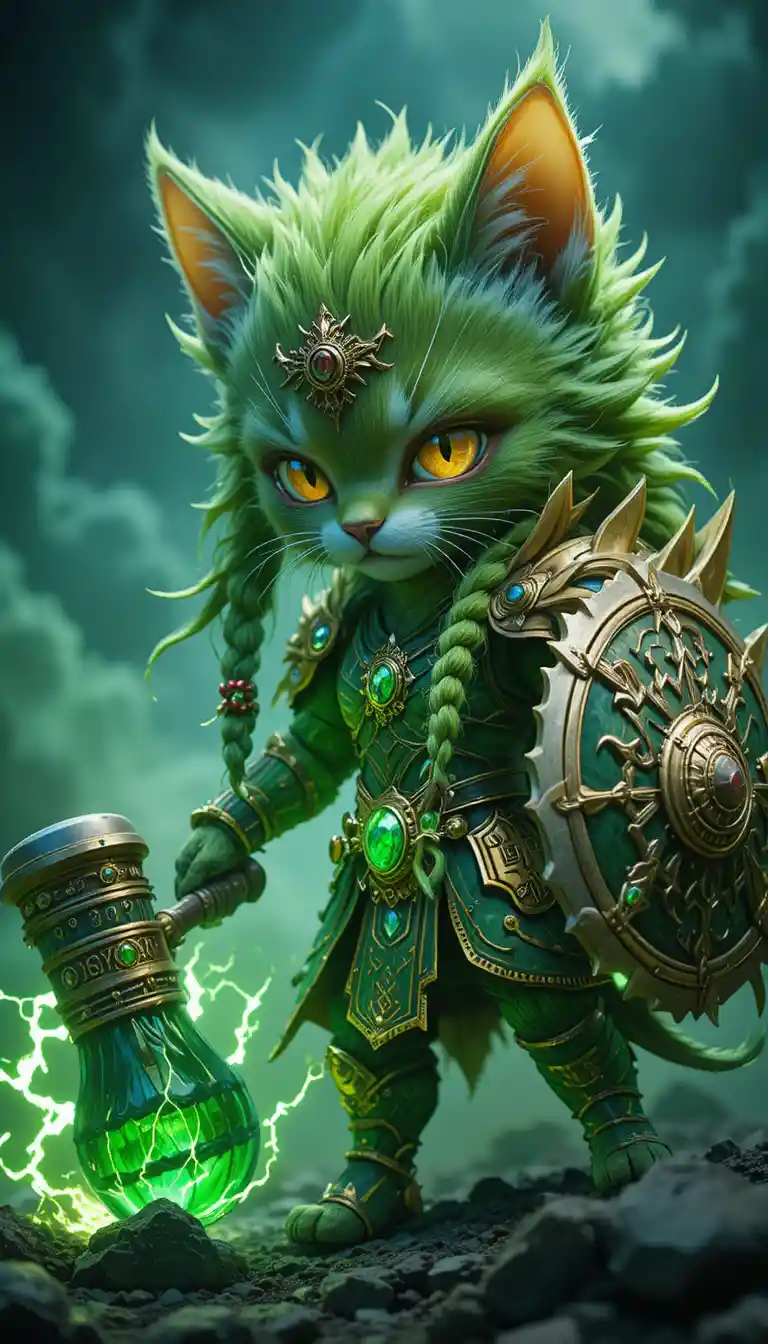 Chibi feline warrior with hammer in stormy battlefield