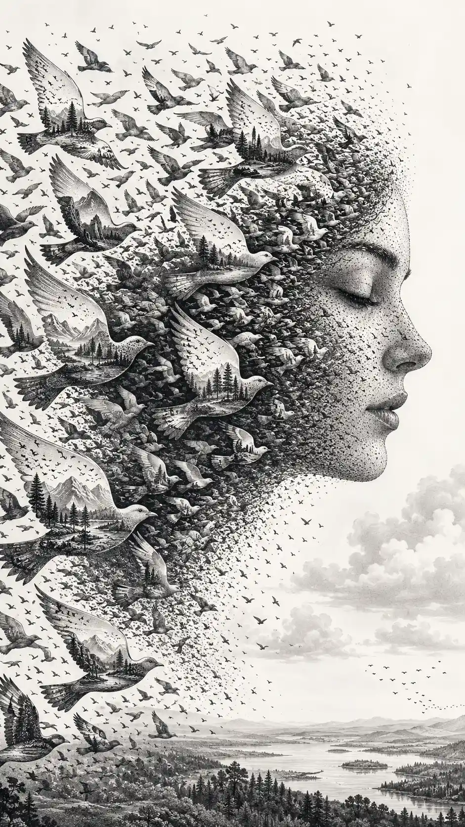 Vast flock of birds forming a woman profile in sky