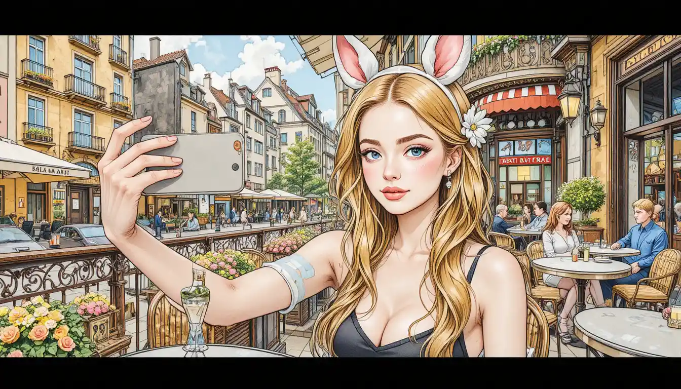 Kawaii girl in rabbit costume taking a selfie at cafe terrace