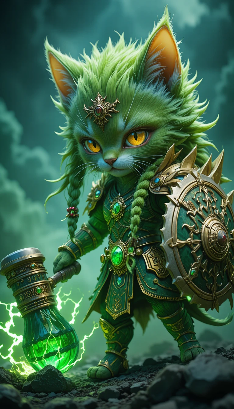 Chibi feline warrior with hammer in stormy battlefield