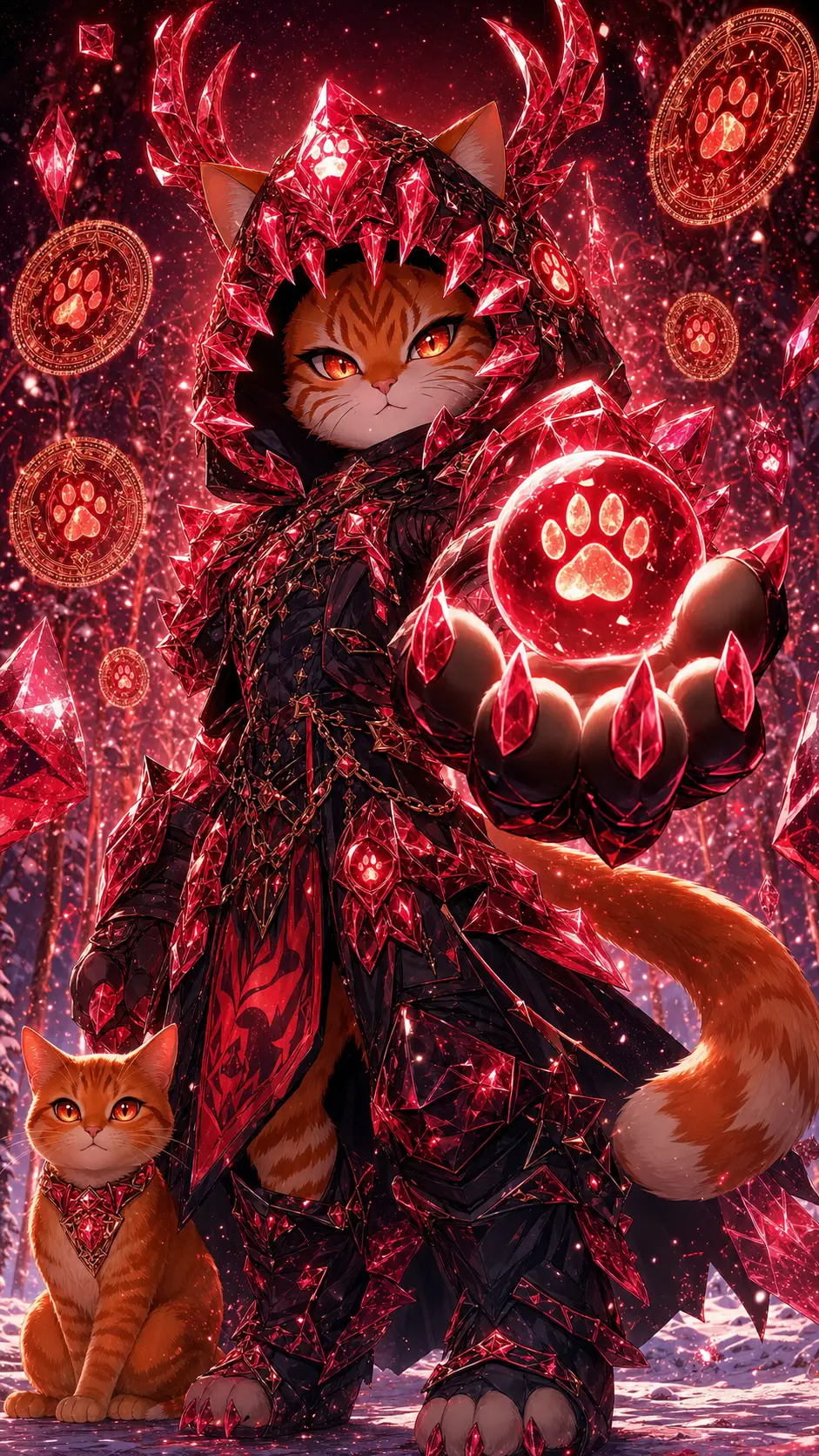 Chibi feline king warrior with glowing ruby magic