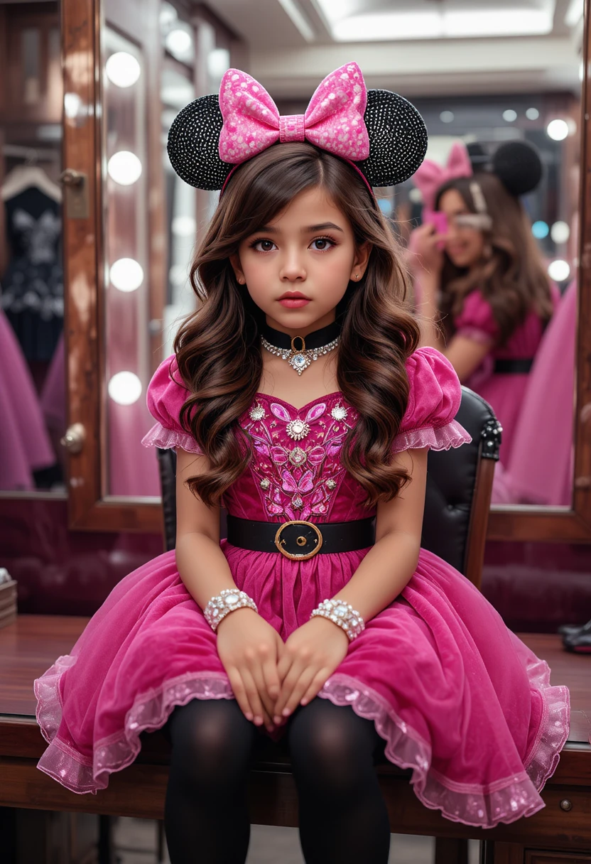 Nervous boy in pink princess dress at vanity mirror