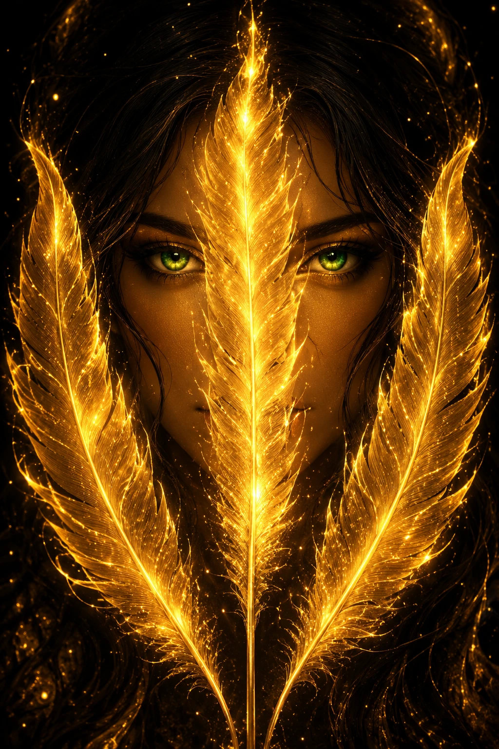 Golden feathered woman portrait glowing in dark void