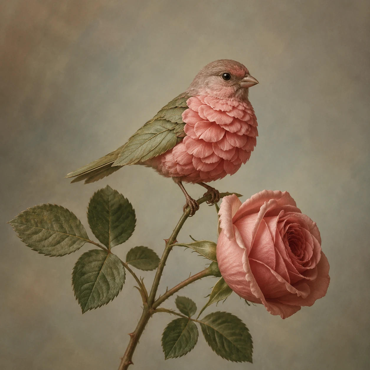 Surreal finch of rose petals perched on delicate stem