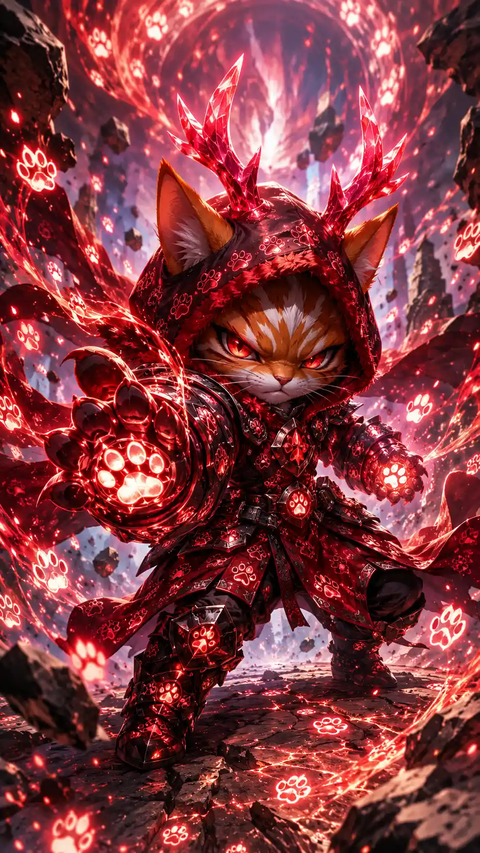 Chibi feline mage unleashing glowing rune magic in battle