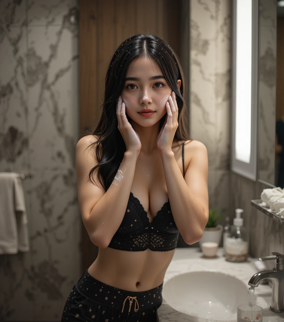 Young woman washing her face in a modern bathroom