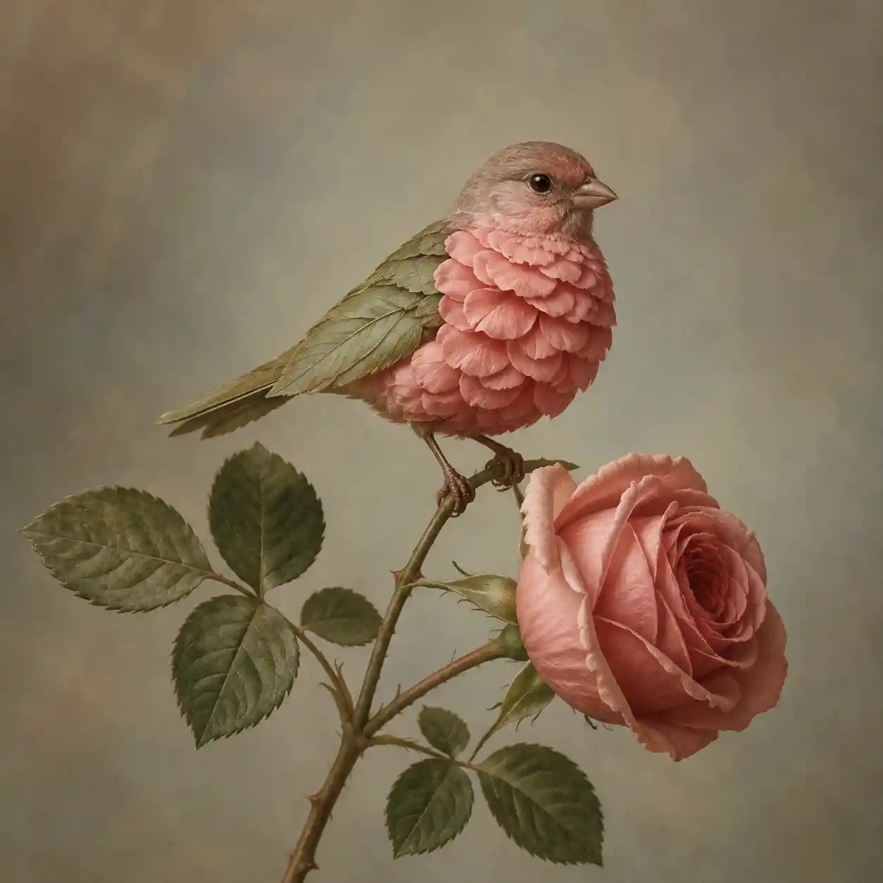 Surreal finch of rose petals perched on delicate stem