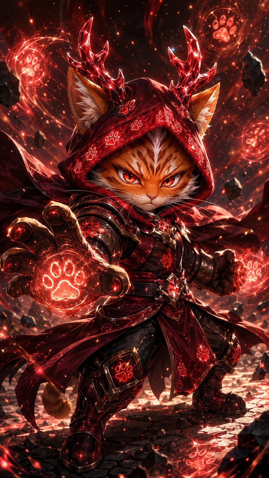 Mago guerrero felino chibi lanzando runas mágicas explosivas
