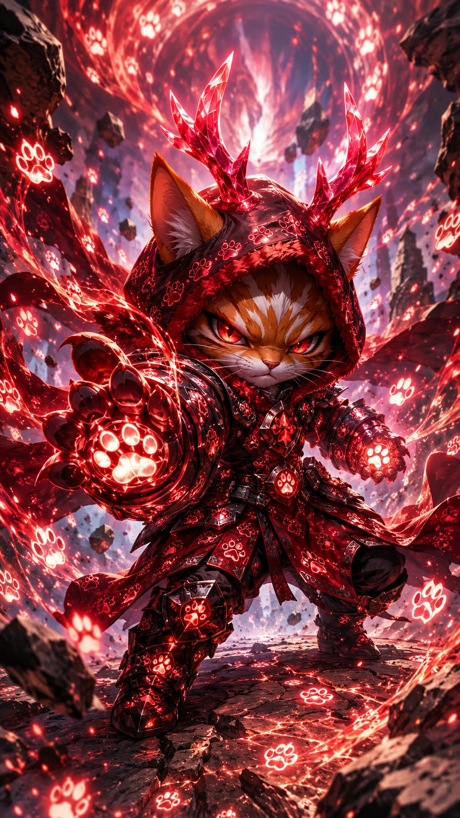 Chibi feline mage unleashing glowing rune magic in battle