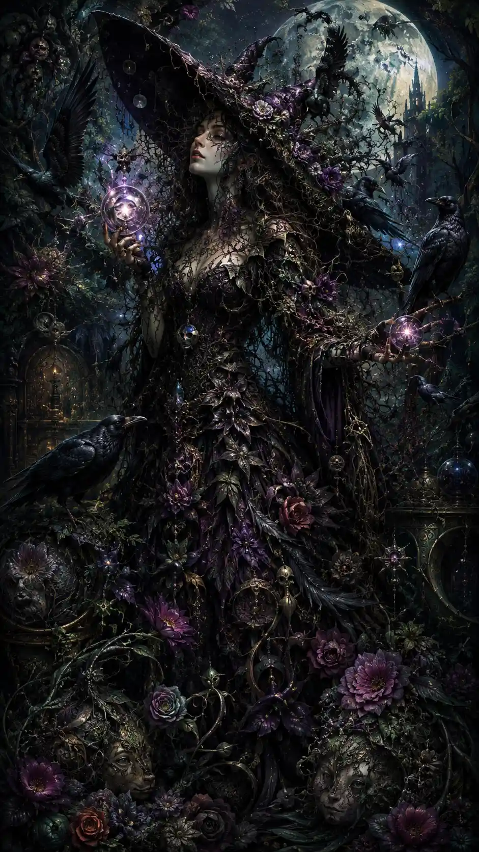 Forest witch in a gown of poisonous flowers and ravens