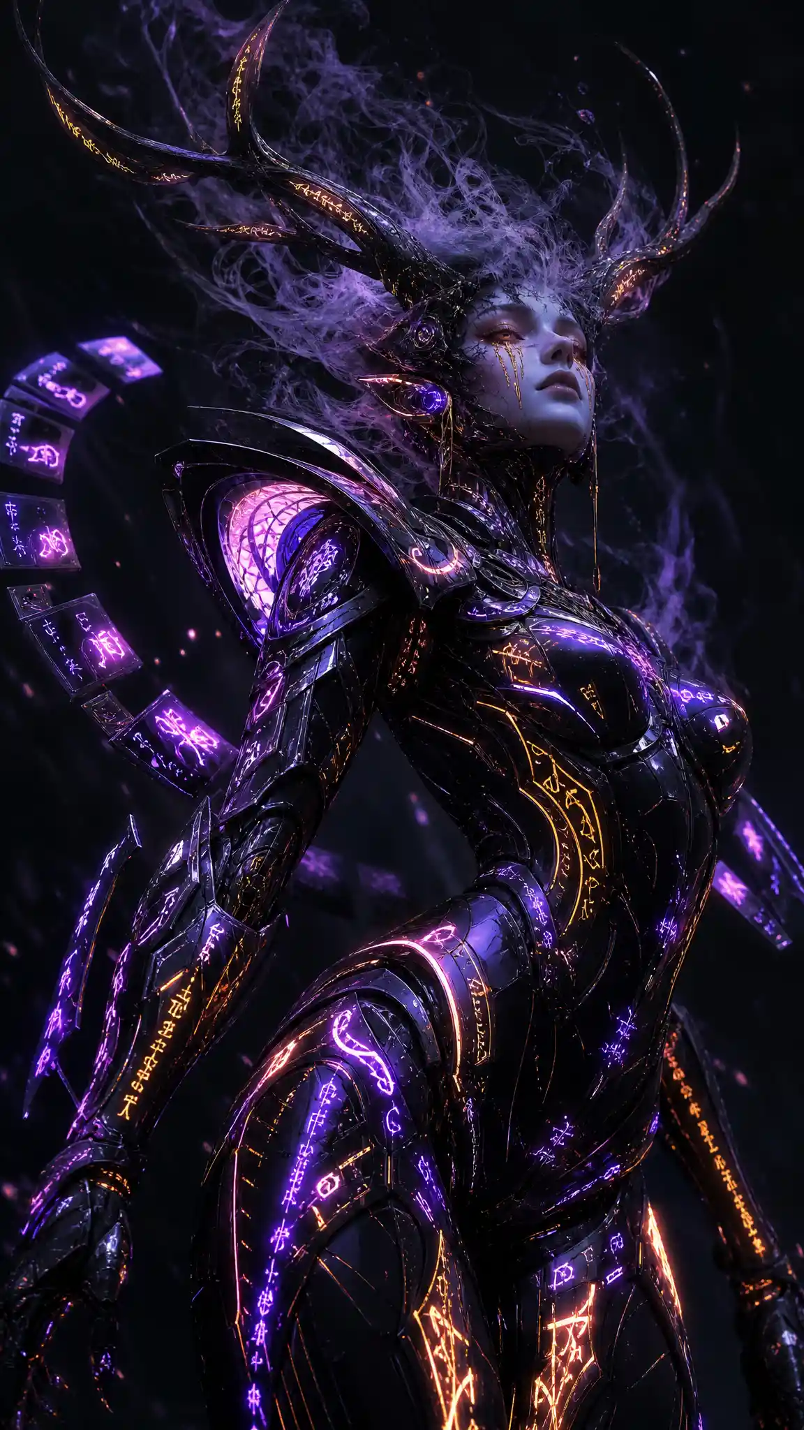 Cyberpunk woman with antlers in glowing mechanical armor