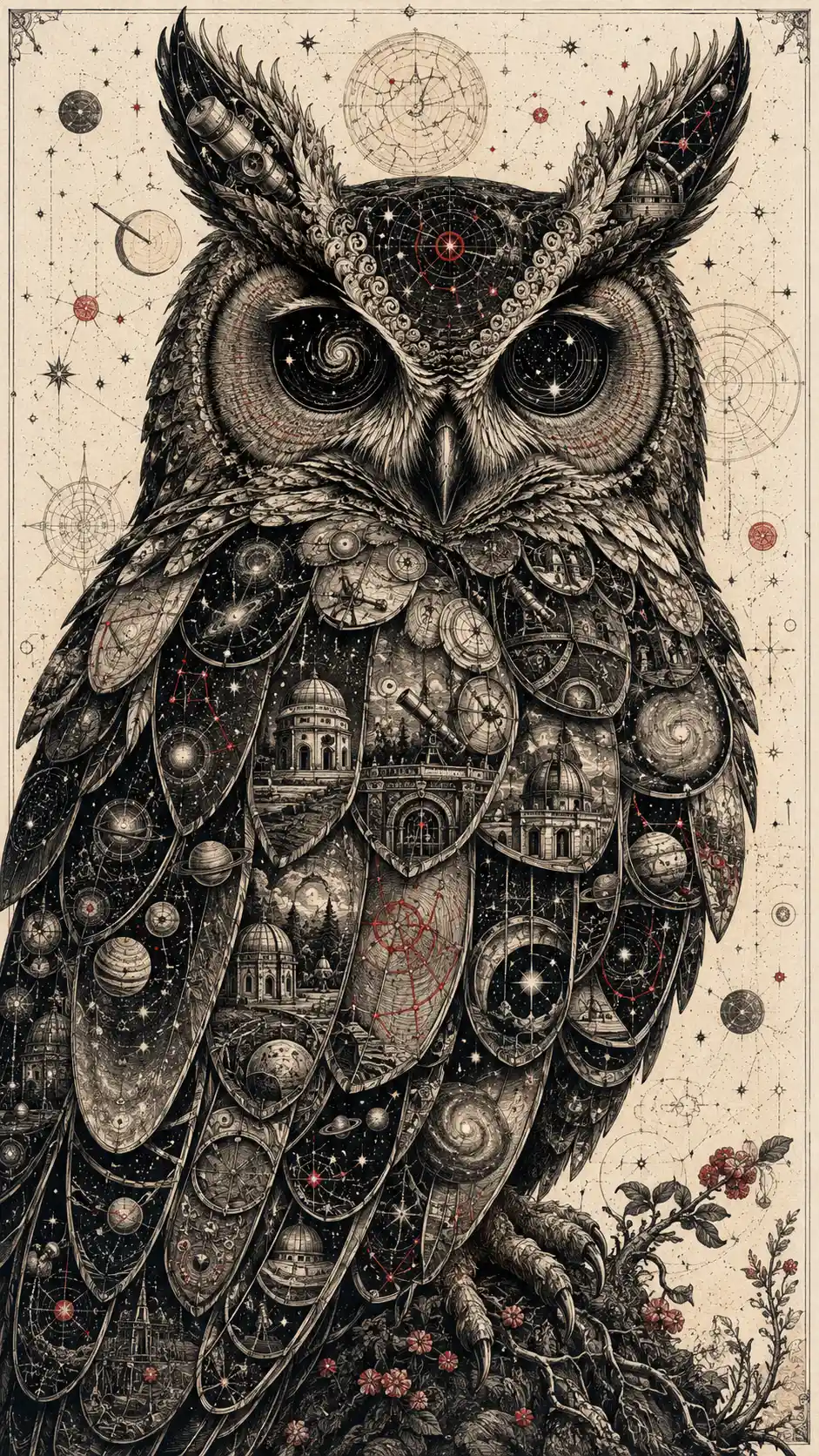 Engraved owl with celestial observatories woven into its feathers