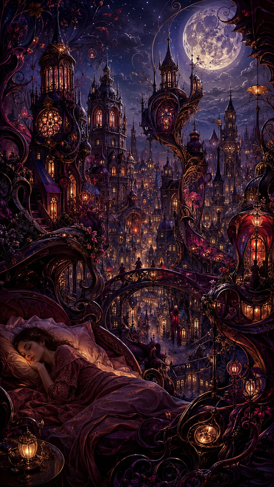 Surreal gothic city of living towers weaving under moonlight