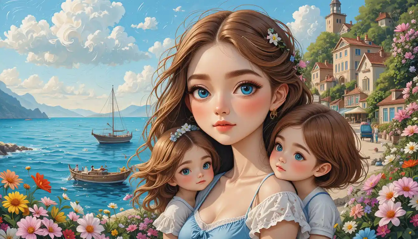 Whimsical summer family portrait in a cozy seaside village