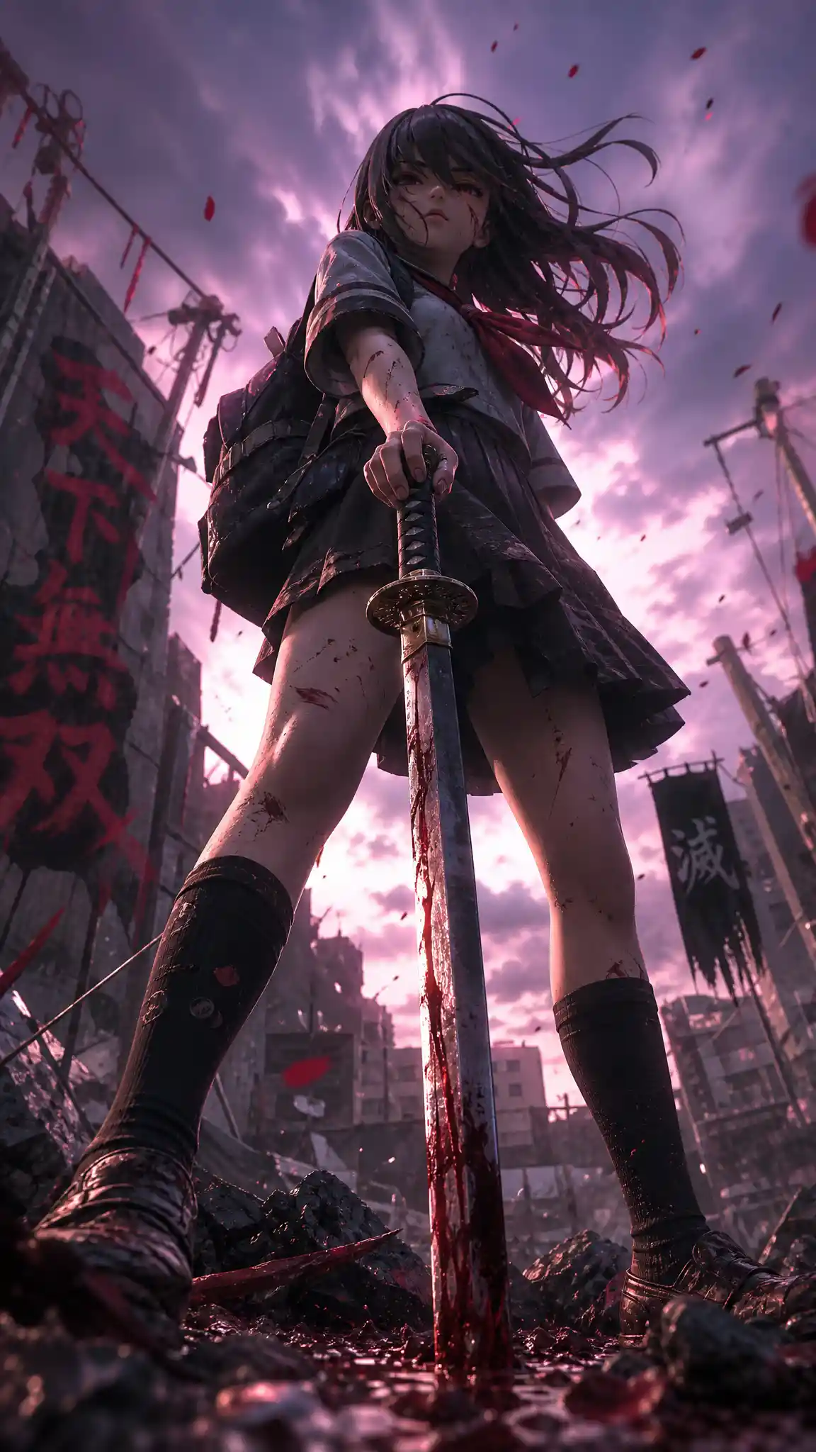 Anime schoolgirl driving a katana into the ground