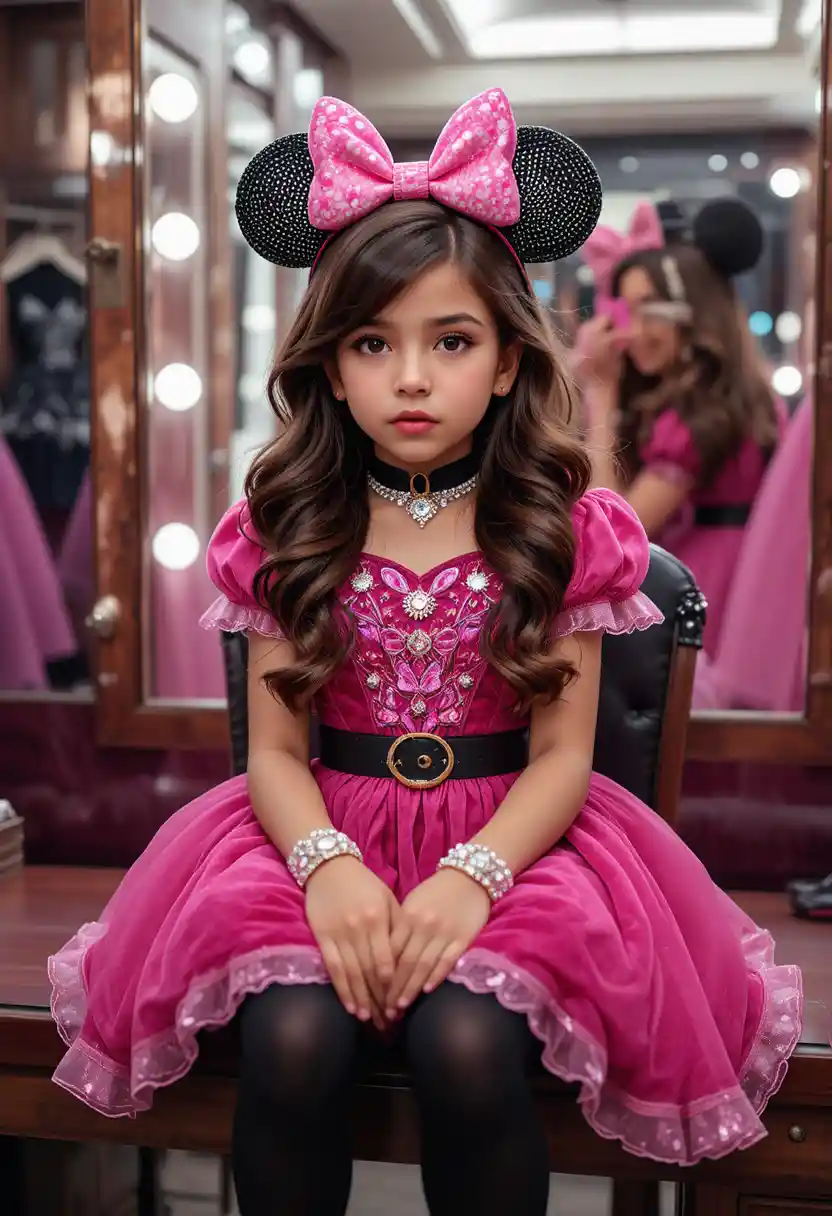 Nervous boy in pink princess dress at vanity mirror