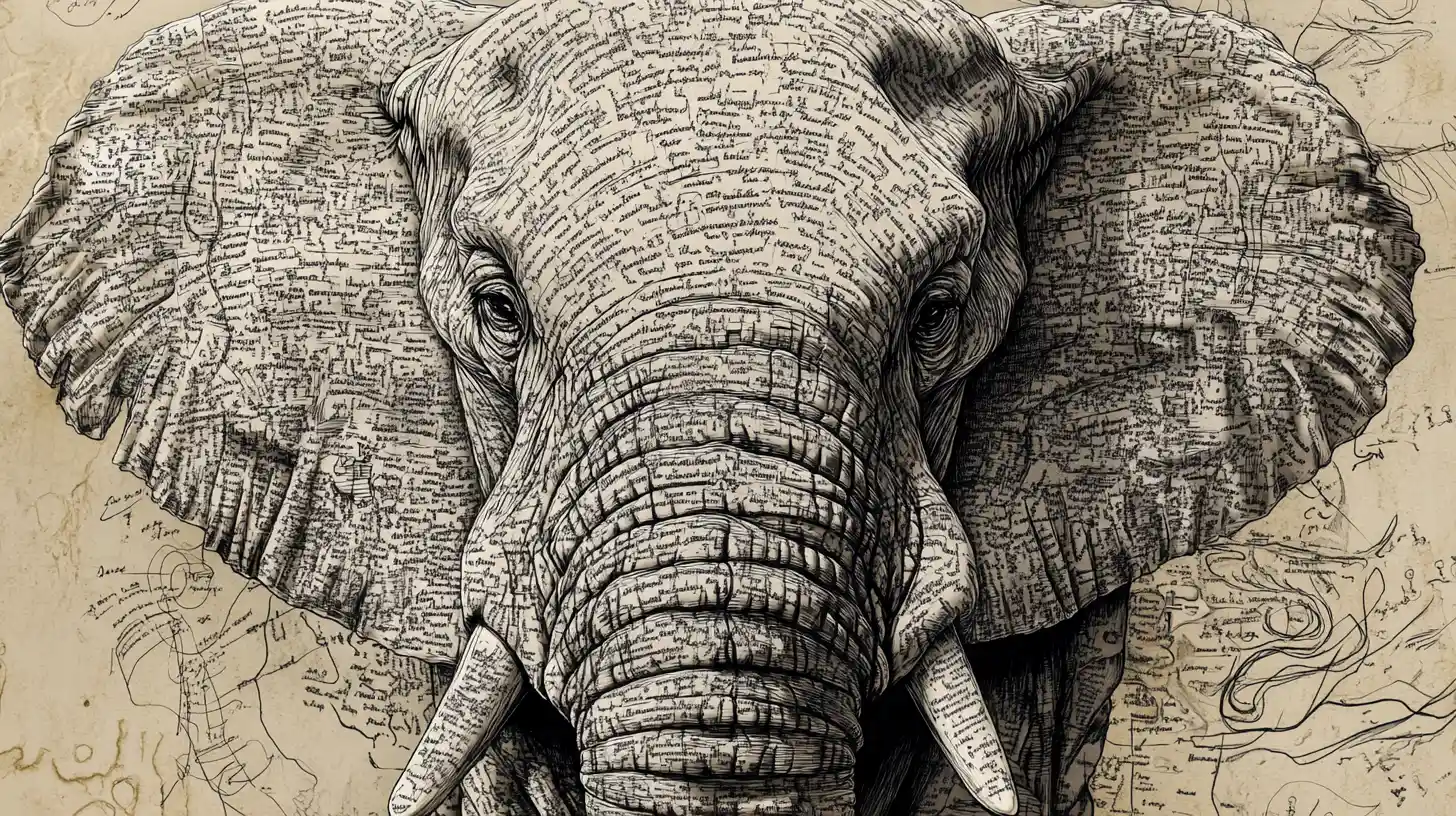 Ancient elephant with skin turning into libraries and maps