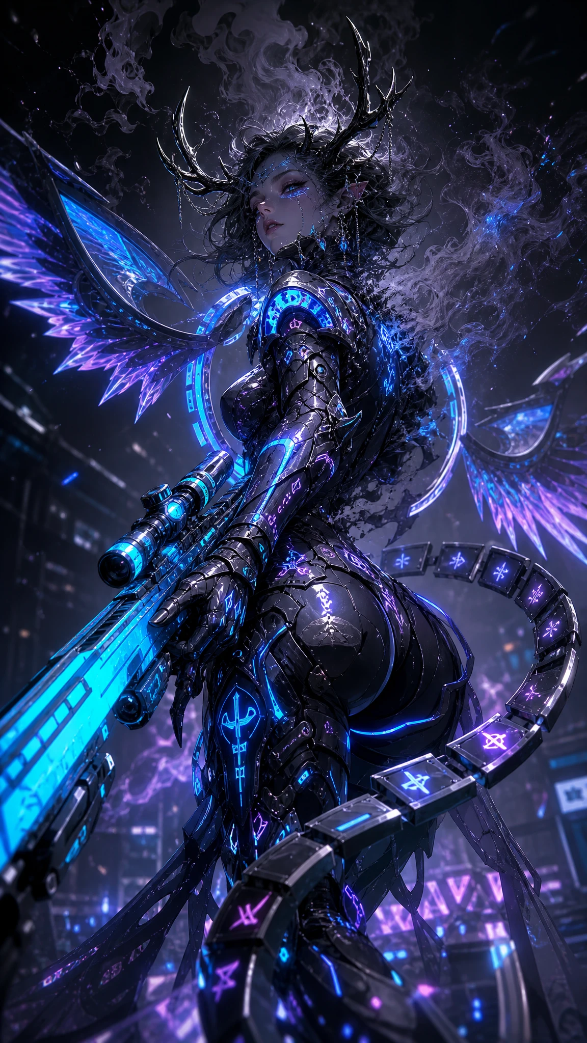 Mujer cyberpunk desvaneciéndose como humo con rifle francotirador neón