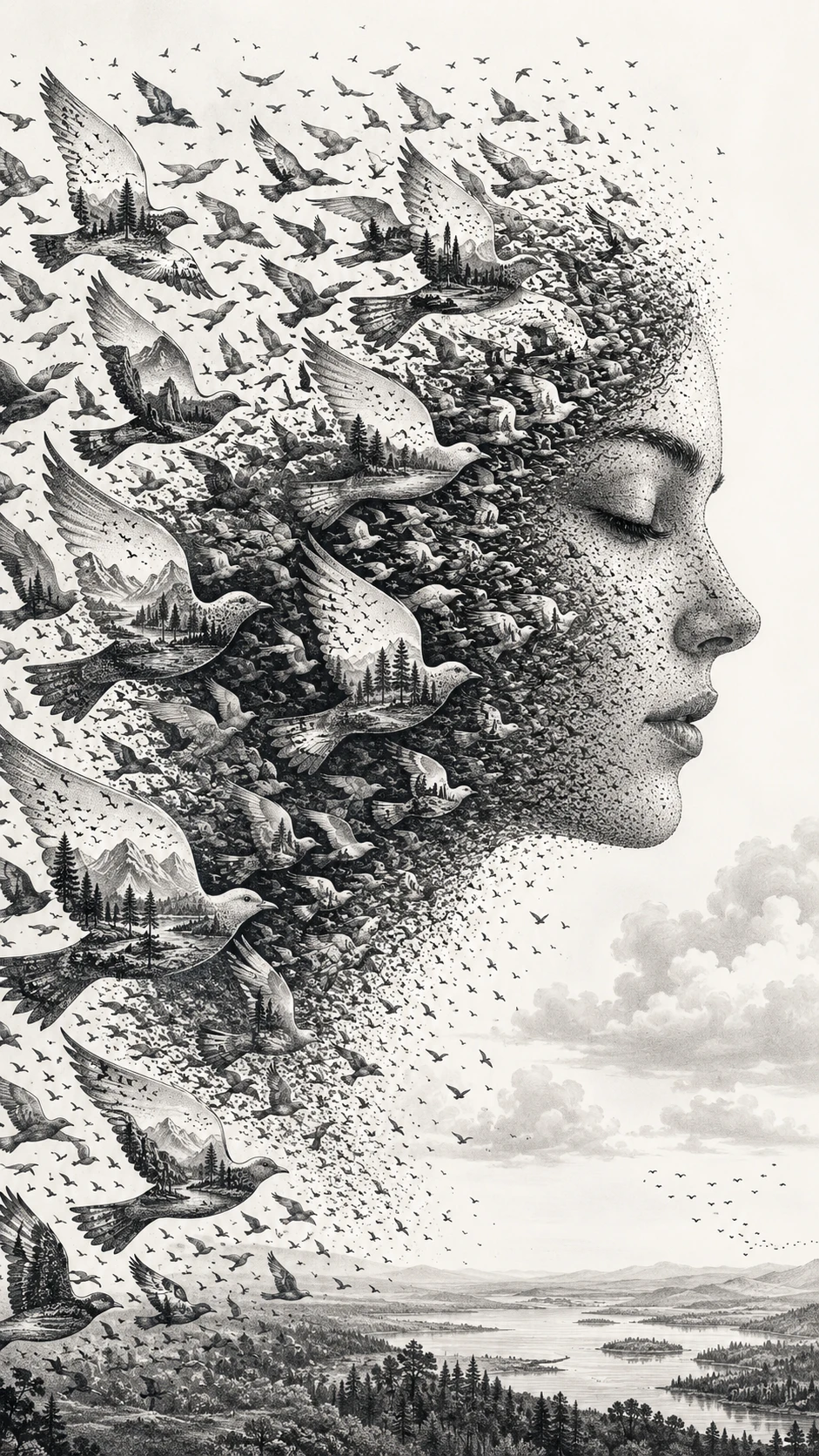 Vast flock of birds forming a woman profile in sky