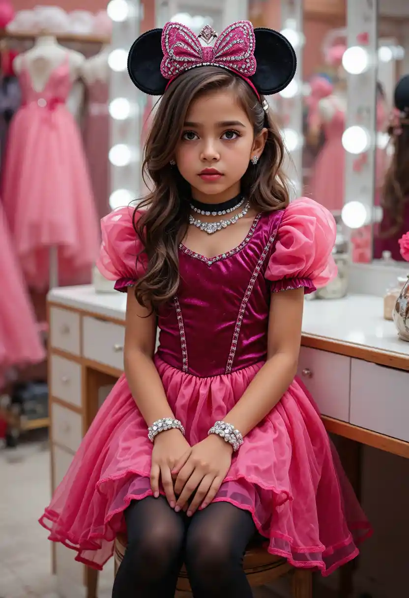 Nervous boy dressed as a princess in a dress shop