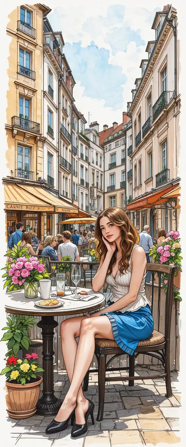 Kawaii ink portrait of a girl at a busy street cafe