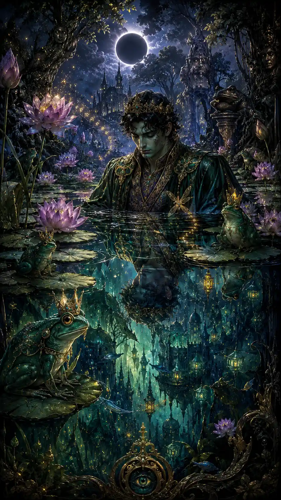 Mystic prince rising from an ancient lotus pond at eclipse